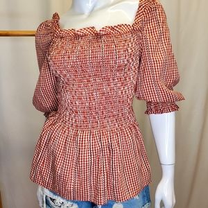 MAX STUDIO Red Smoking Gingham Peplum Off shoulder blouse 3/4 sleeves Size S/M